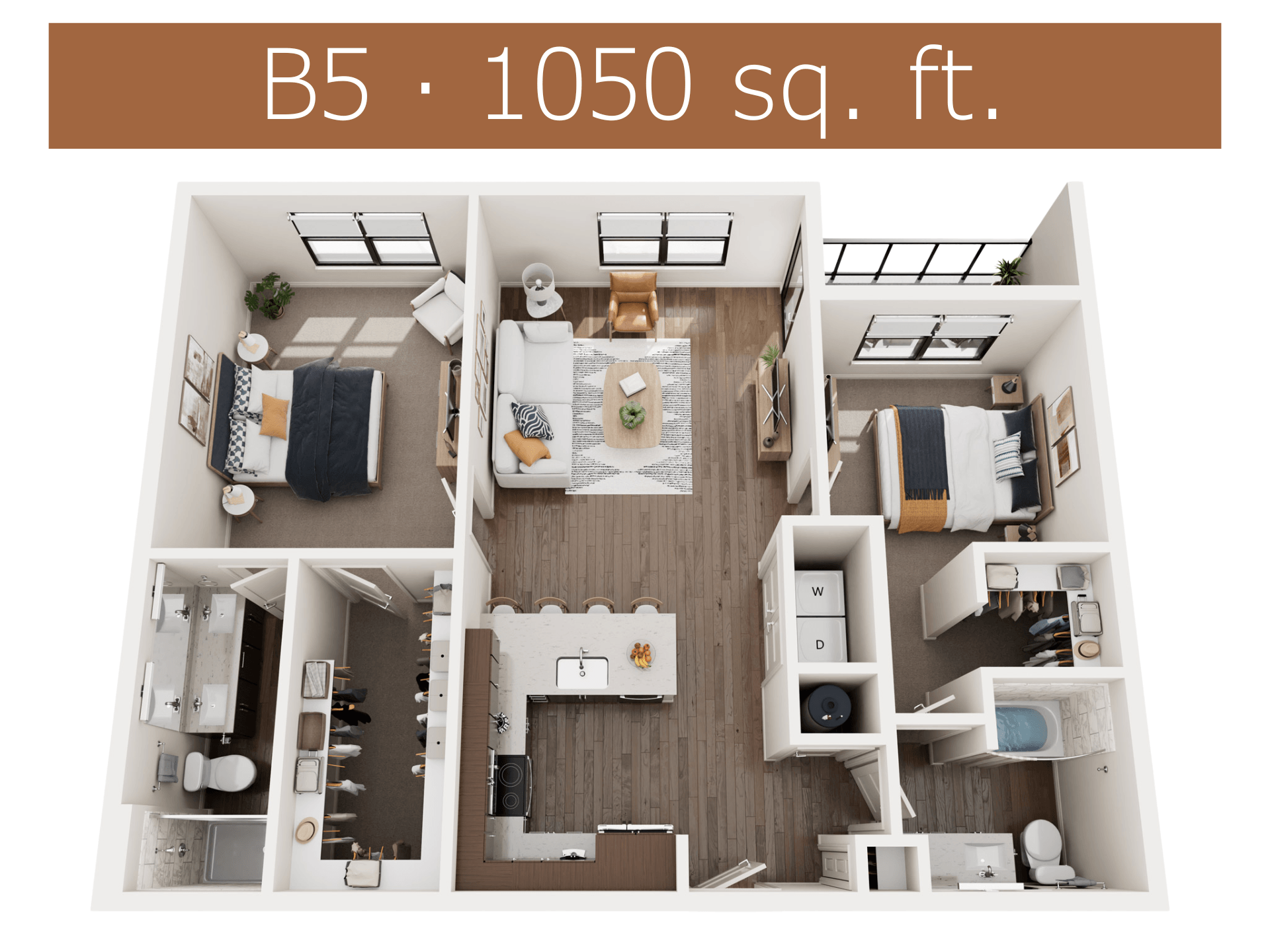 Floor plan for 2 beds, 2 baths, 1050 sqft
